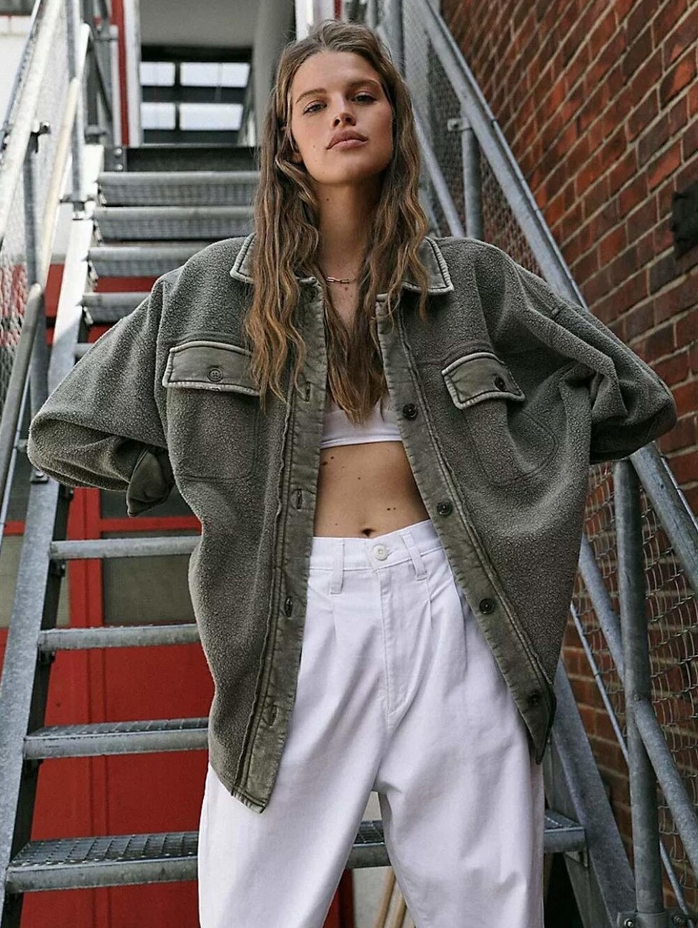 Free People Olive Green Fleece Button Front Oversized Ruby Jacket Shacket